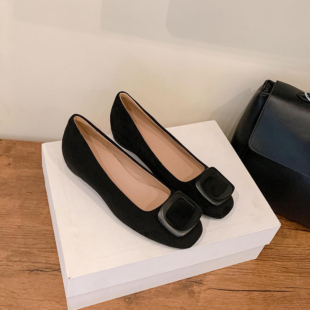 Leather Version~ Temperament Square Buckle Flat-bottomed Commuter Women's Shoes, New Suede Round Head Versatile Small Inner Height-increasing Single 