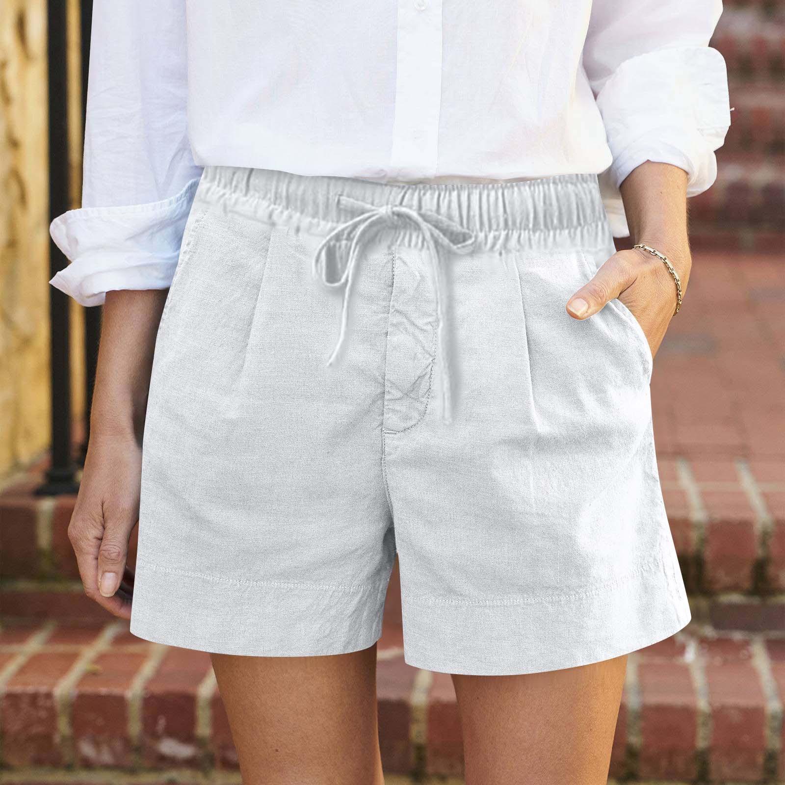 

Women s Soft Cotton Linen Shorts Pockets Soft Button Closure No Zipper Slim Fit Shorts XL білий