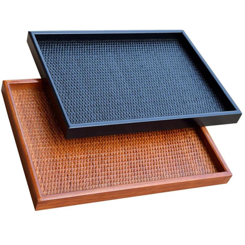 Rattan Wooden Serving Tray Storage Handle Rectangle Handmade Breakfast Tea Food Plate Dish Dinner Decorative Fruit Kitchenware