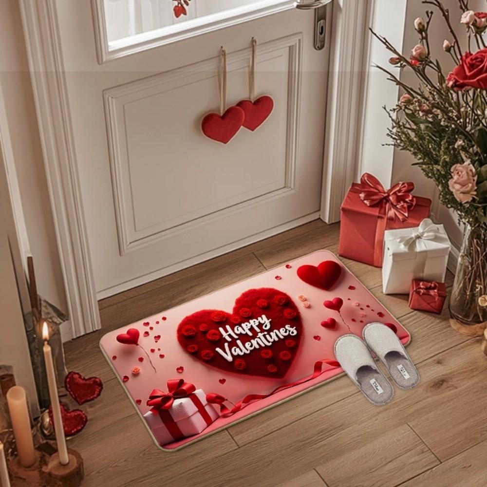 Soft Valentine Day Floor Mat Weaving Texture Rose Door Mat Romantic Heart Anti Slip Mat  Entryway