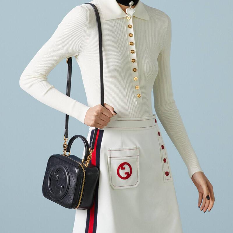 Gucci Blondie Runde Ineinandergreifende Doppel-G Reißverschluss Leder Schulter Crossbody Handtasche Damen Handtaschen Schwarz 744434-1IV0G-1000