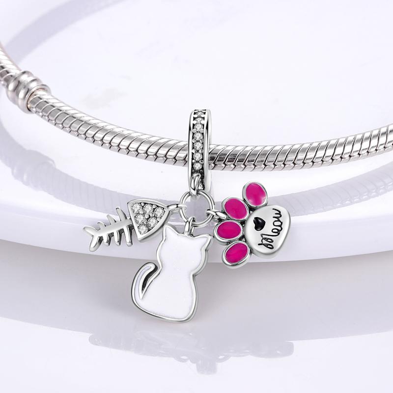 Cute Cat Dogs Charms Fit Fashion Original Bracelets Pet Paw 925 Silver Bulldog Schnauzer Akita Dog Beads DIY Jewelry Making