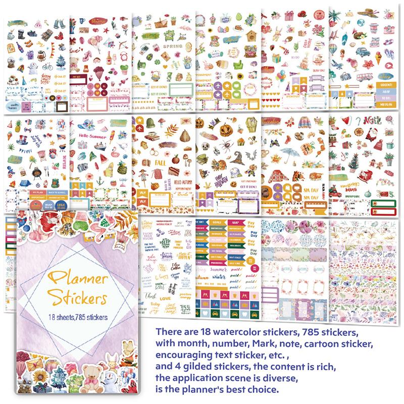 785Pcs Vintage Planner Decals Set Semi-Matte Paper Seals Reusable Irregular Shapes With 12 Month For Journaling English Language