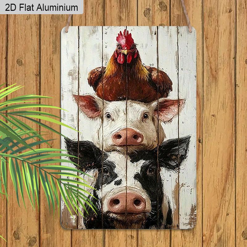 2D Flat 1pc Vintage Aluminum Sign Farm Animals Stacked Cow Pig Chicken Wall Decor Plaque for Home Kitchen Farmhouse Countryside Decor