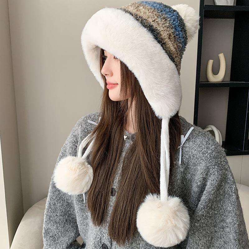 Winter Plush Warm Knitted Hat Color Hairball Hat Thickened Plush Color Wool Hat Women's Hat
