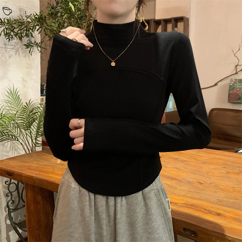 

Women s Velvet Semi-High Neck Slim Fit Top - Autumn/Winter 2024 S чёрный