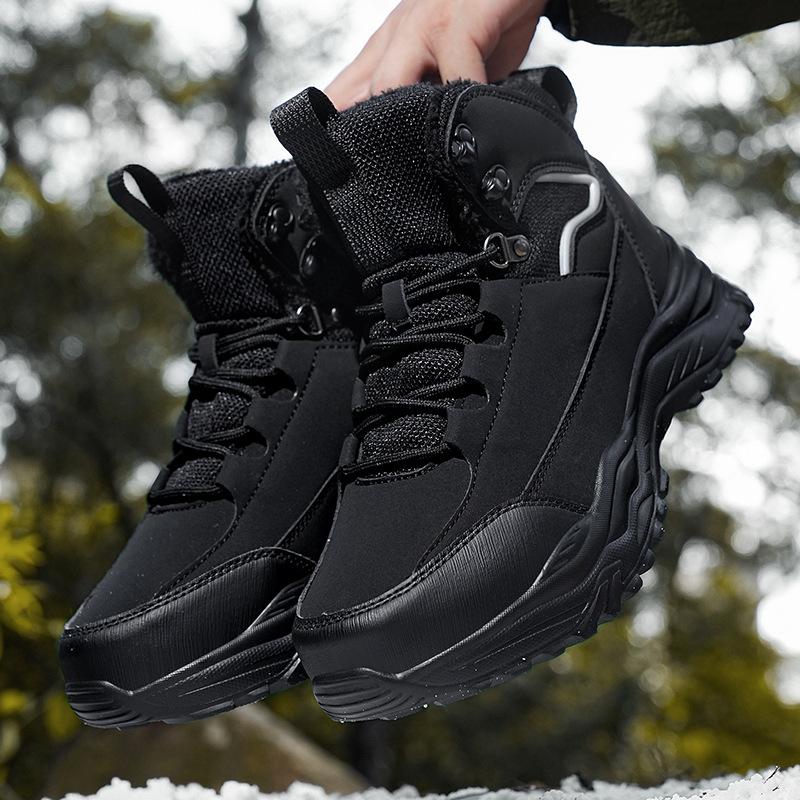 

Зимние толстоподошвенные хлопковые ботинки больших размеров, мужские сноубутсы, толстые дышащие уличные водонепроницаемые походные ботинки, уличные 39 чёрный