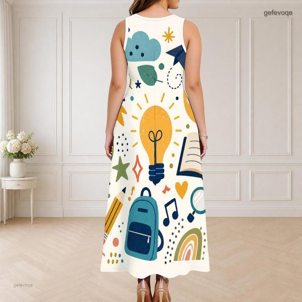 Women Plus Size Round Neck Triple Keyhole Cutout Sleeveless Cartoon Construction Vehicle Printed Maxi Dress