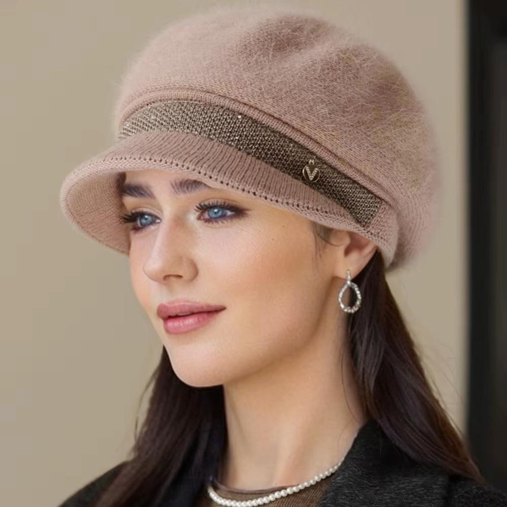 

Новая женская зимняя теплая шапка с плюшевой меховой подкладкой, теплая шапка для женщин, повседневная шапка из смесовой кроличьей шерсти, уличная мода, вязаная шапка 56cm-60cm легкие хаки
