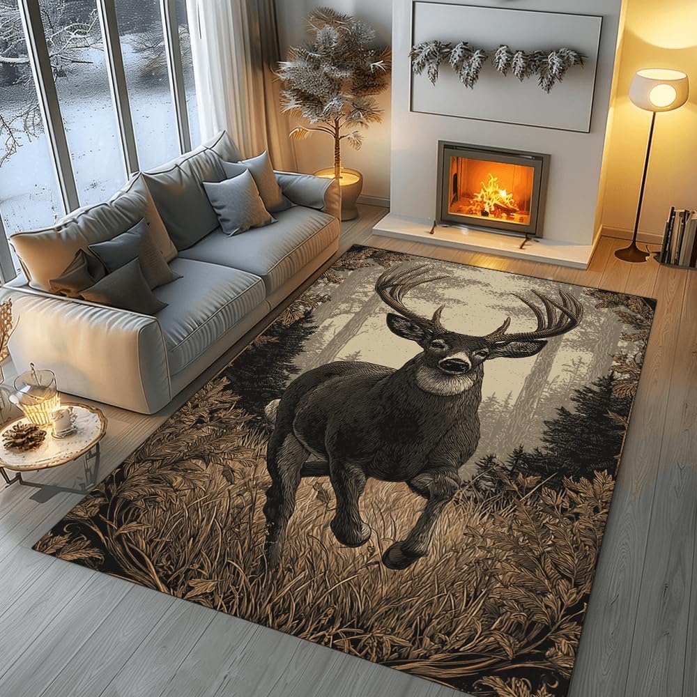 Retro Deer Pattern Carpet Mat - Nordic Style Home Decoration Carpet Suitable for Living Room  Bedroom Animal Printed Floor Mat