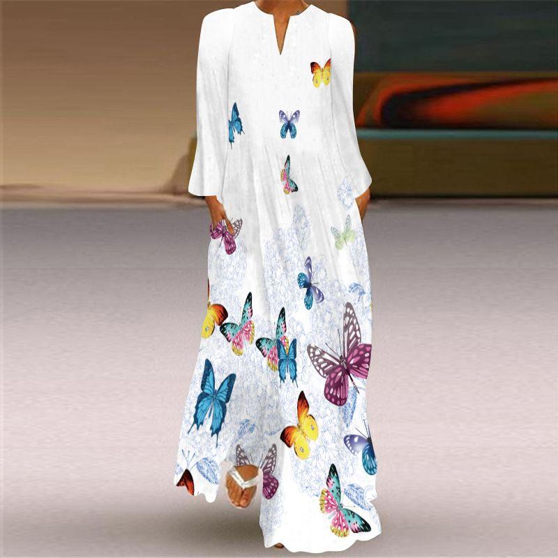 Purple Butterfly Pattern 3D Print V-neck Long-Sleeve Dress Stage Show Women's Travel Holiday Style Beach Dress