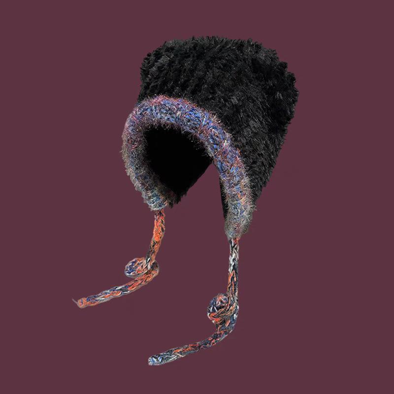 Korean Style Red Balaclava Hat for Women Autumn and Winter Large Head Circumference Woolen Hat Warm Ear Protection Strap Knitted Hat