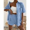 Cotton and Linen Fashion Set, Solid-color Pocket Patch Off-the-shoulder Shirt and Shorts, Solid-color Short-sleeved Shirt