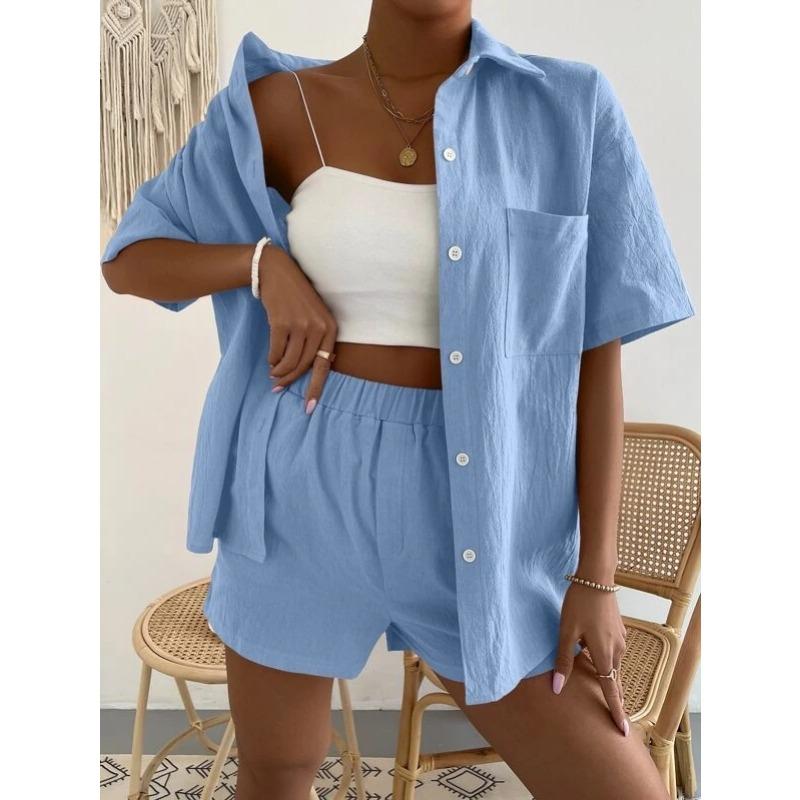Cotton and Linen Fashion Set, Solid-color Pocket Patch Off-the-shoulder Shirt and Shorts, Solid-color Short-sleeved Shirt