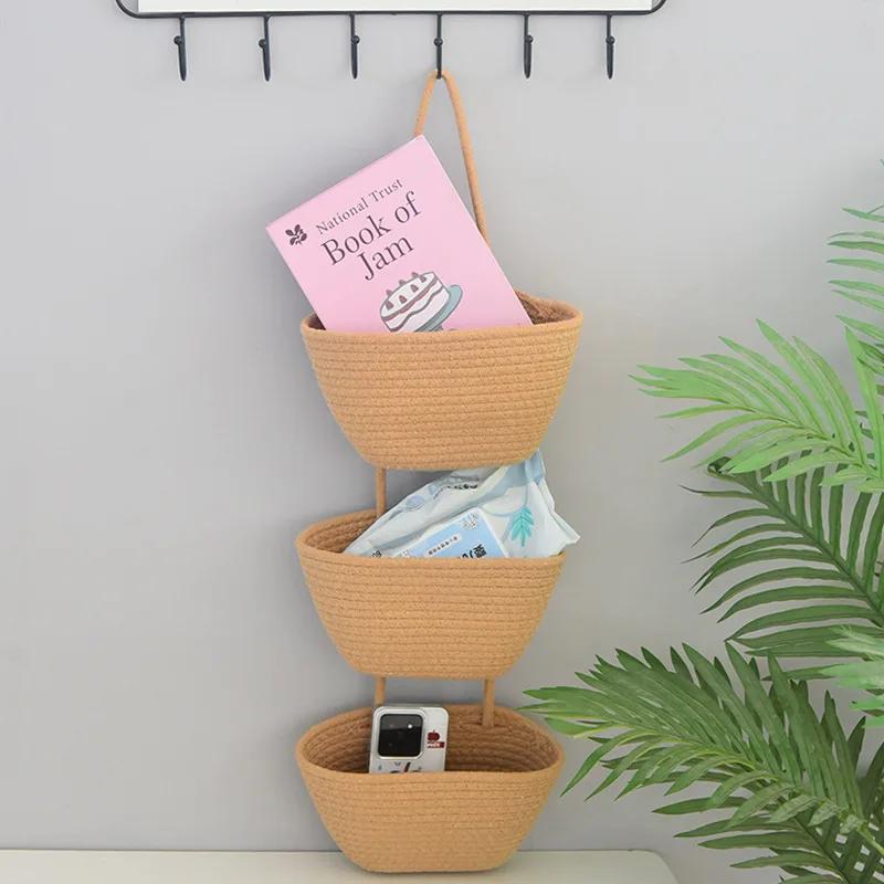 Cotton 3-layer Wall Hanging Storage Basket Decorative Sundries Organizer Household Wall Storage Tool Home Organization Products