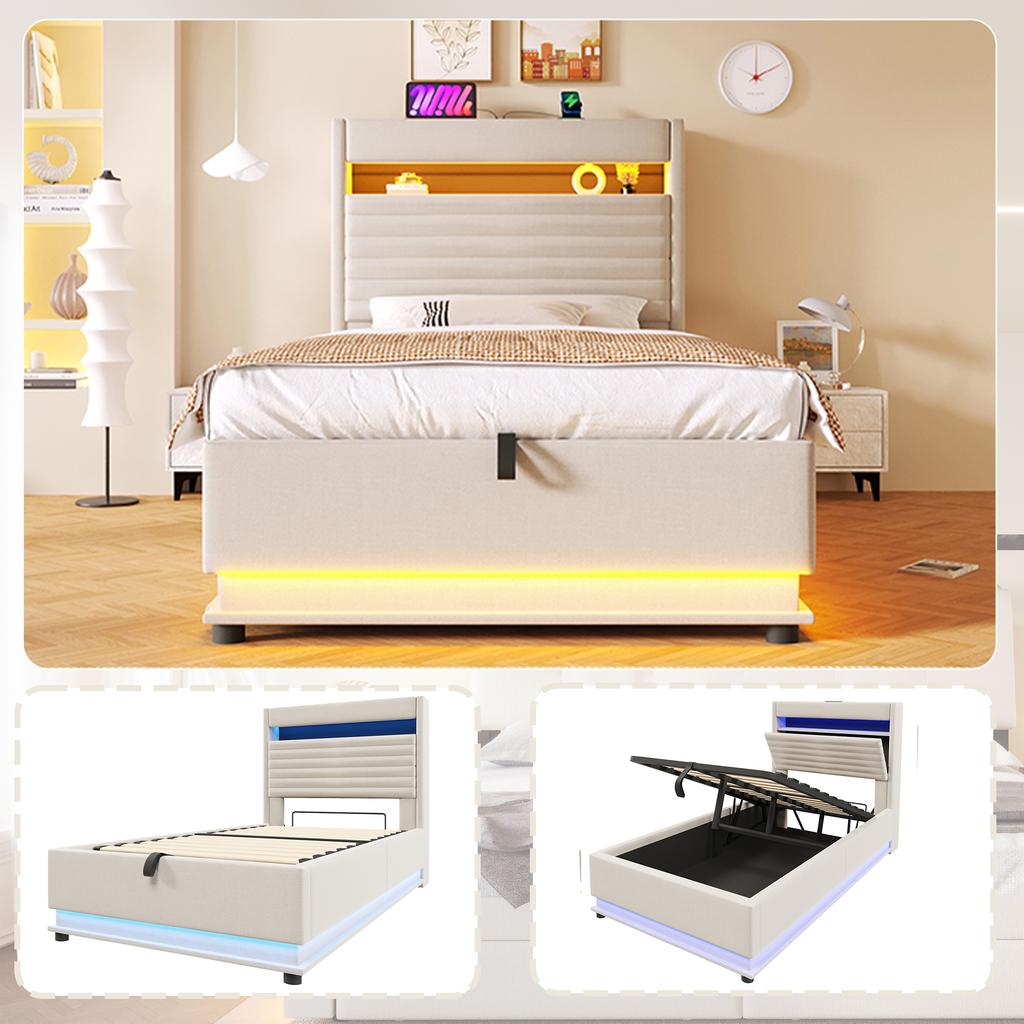 Upholstered Bed, 90x200cm, USB Type-C Charging, LED Lighting, Hydraulic Storage, Flip-top Compartment, No Mattress, Button/App Control, Linen, Beige