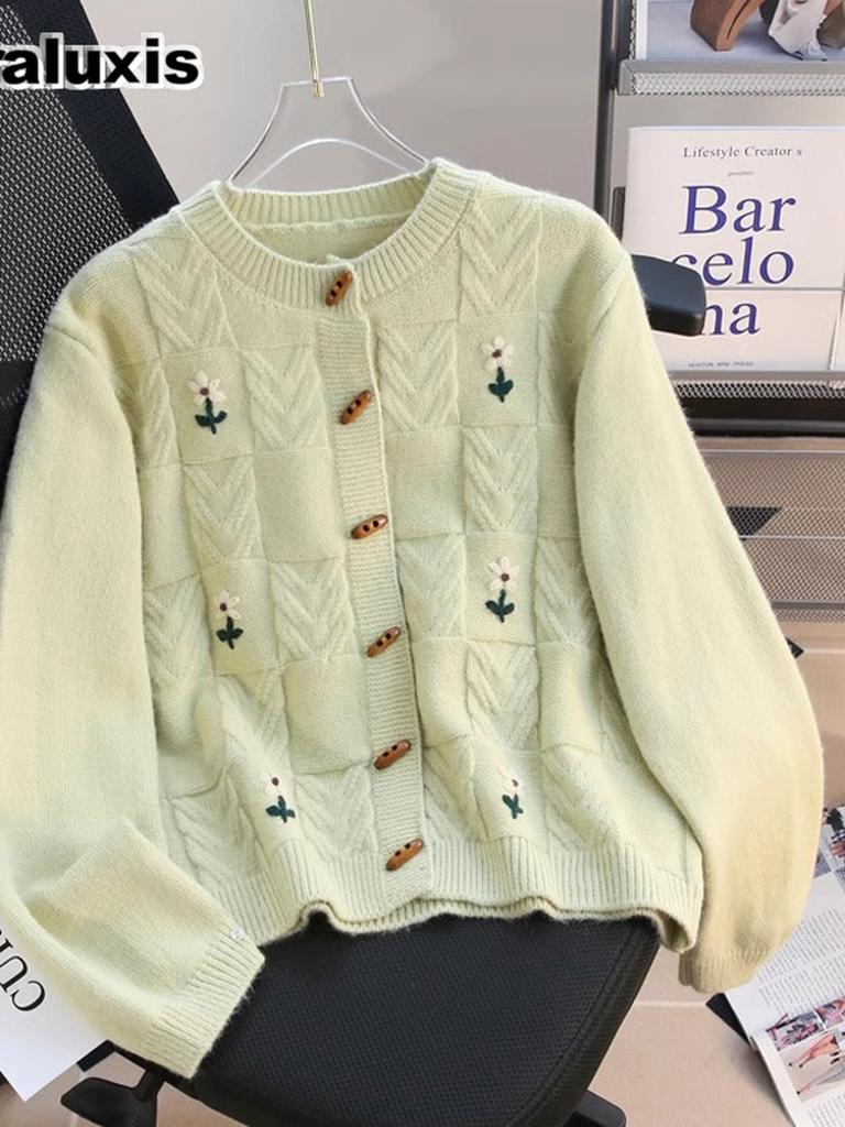 Vintage Handcrafted Embroidery Macrame Knit Sweater Coat Women Autumn New Style Loose Thick Lazy Style