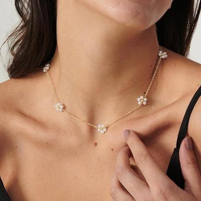 1PC Titanium Steel Woven Flower Pearl Necklace Handmade Beaded Chain Collarbone Chain Necklace Jewelry Girl