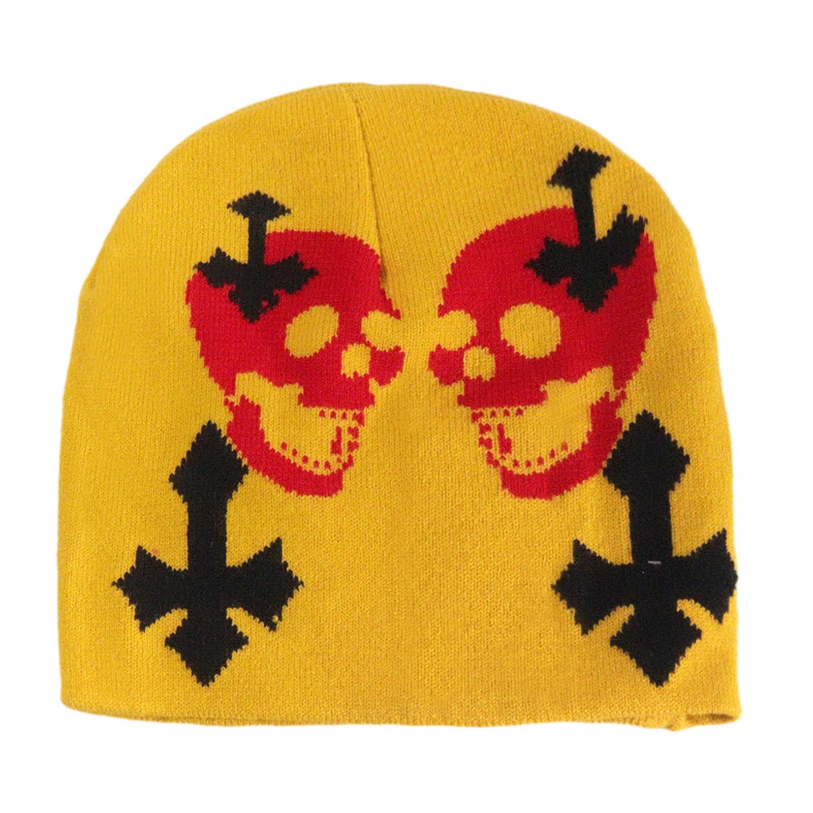 

Elastic Windproof Winter Hat Knit Halloween Jacquard Double Skull Hat for Women Men Keep Ear Warm Hat Skiing Cycling Hat жёлтый