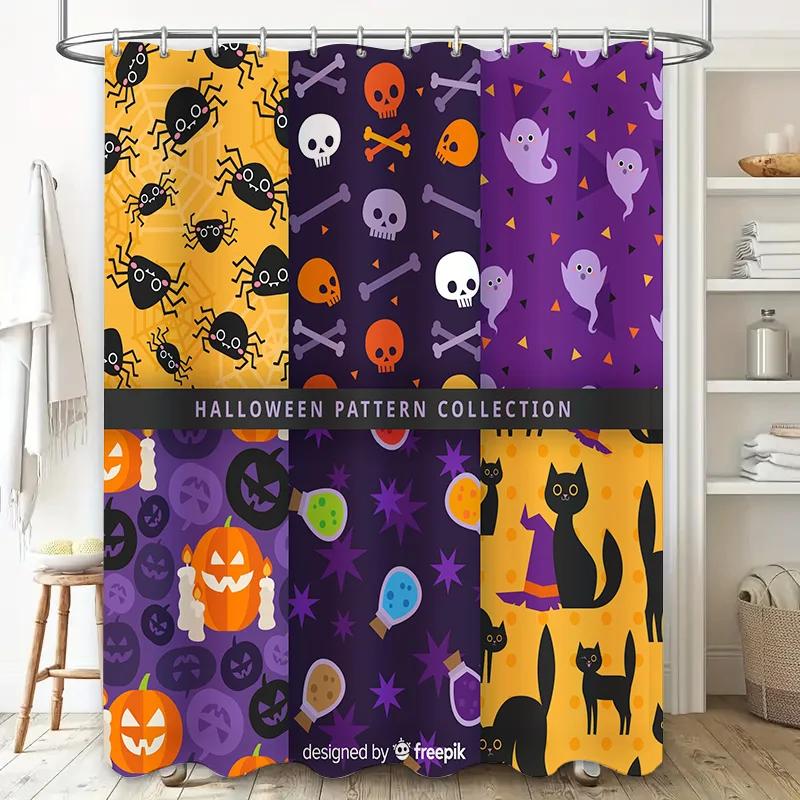 

Halloween Shower Curtain Set Ghosts, Pumpkins Skulls Pattern Fabric Water Repellent Bath Rug Purple, Orange, Black Decor W90xH180cm