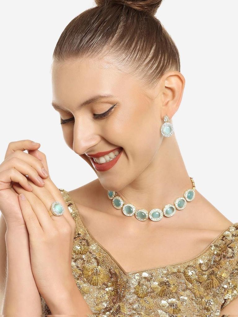 Tyrkysově modrý kočičí oko Rakouské diamanty a kameny Choker náhrdelník Náušnice a prsten Set pro ženy