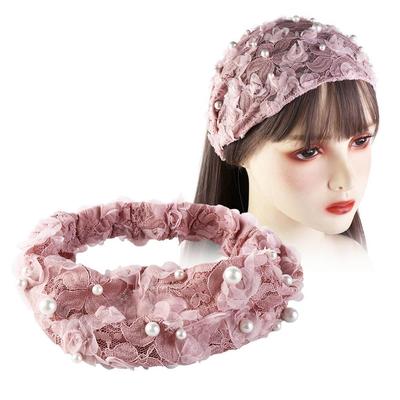Vintage Wide Side Non Slip Pearl Mesh Lace Headband Flower Korean Head Wrap Women Hairbands