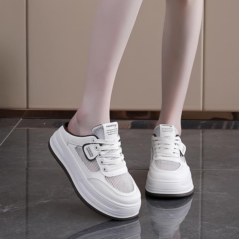 Half bag slippers can be worn outside. White shoes for women, breathable mesh, versatile, thick sole, thin, casual and comfortable women's shoes