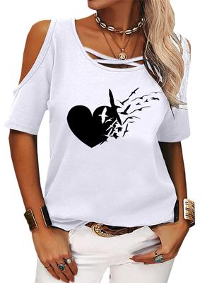 Women Fashion Short Sleeve Shirt Summer Casual Round Neck T-shirt Ladies Print Off Shoulder Top