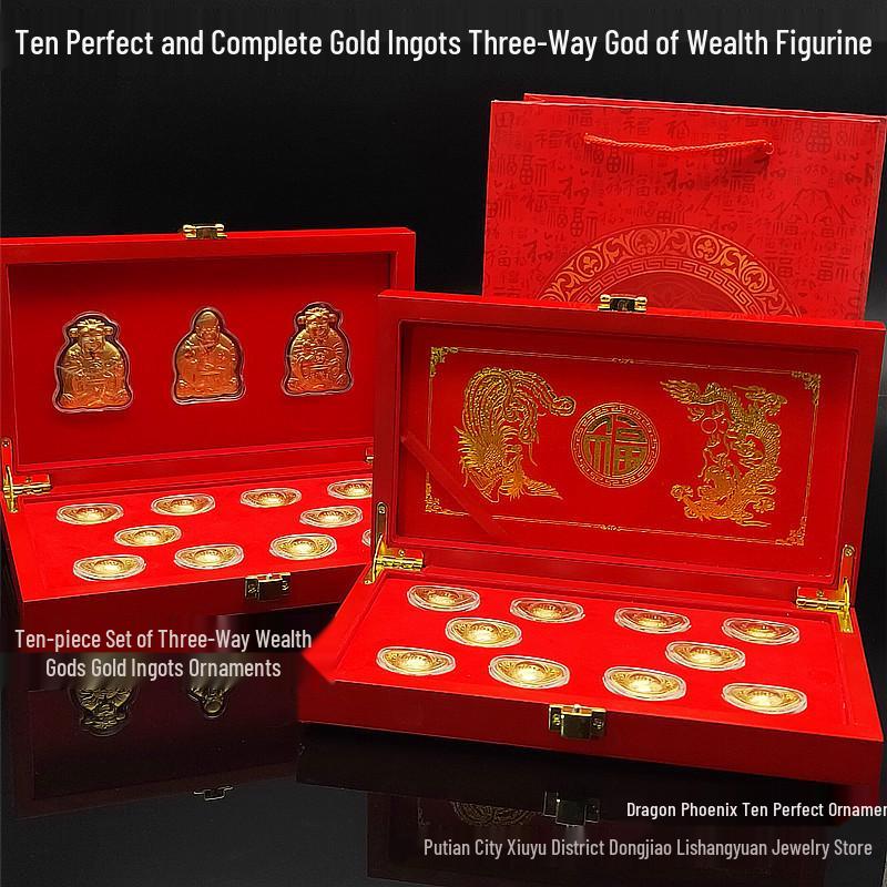 Gold Foil Fukurokuju Ornament Set: Three-Way God of Wealth with Dragon, Phoenix & Gold Ingots for Auspicious Home Decoration