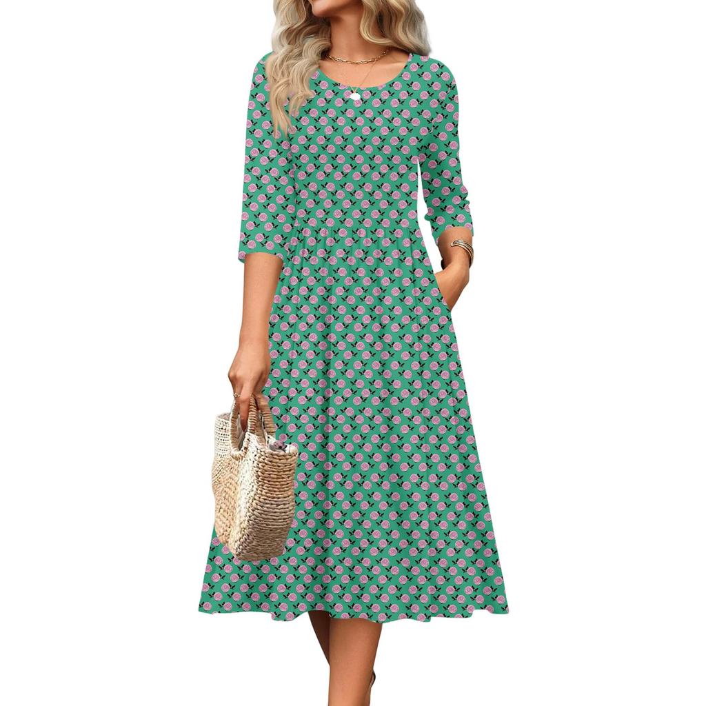 3/4-Ärmel Damenkleid Lässig Fließend A-Linie Midi T-Shirt Kleider mit Taschen Rundhalsausschnitt Urlaub Boho Strand Sommerkleid