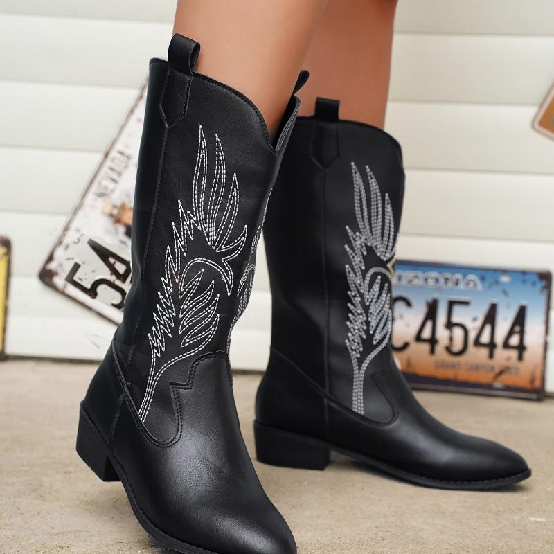 Spring and Autumn New Fashionable Versatile Women's Boots Embroidered Retro Elegant Simple Mid Top Boots