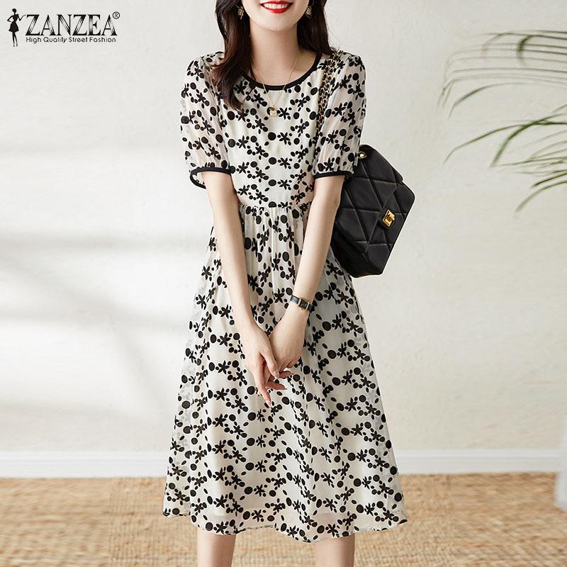 

ZANZEA летнее свободное повседневное платье с круглым вырезом и короткими рукавами с принтом, женская одежда
