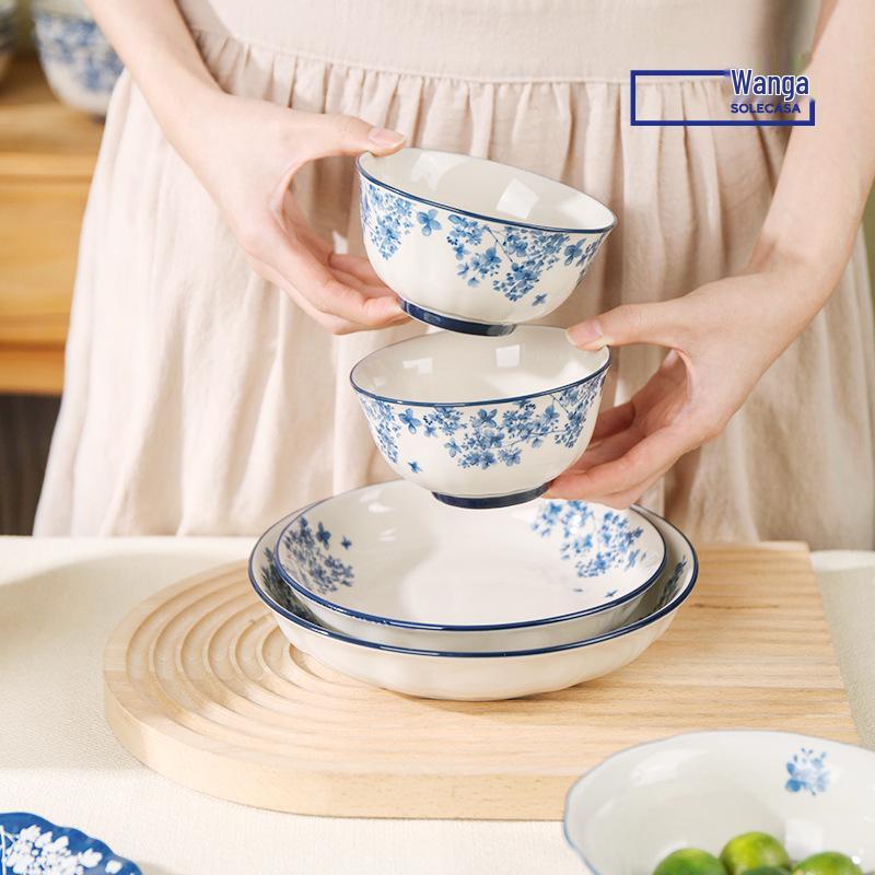 Shunxiang Jialan English Retro Ceramic Bowl & Plate Set - Underglaze Tableware for Soup & Rice.