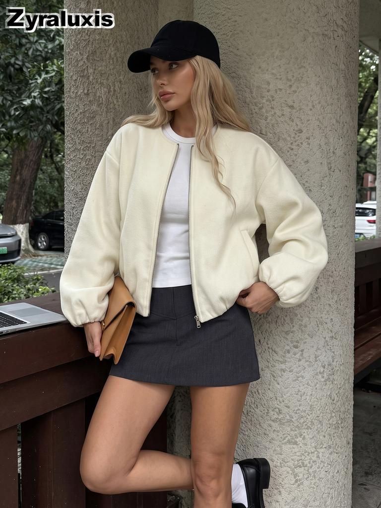 WoMen's Solid Color Outerwear Casual Loose Fit Short Jacket Autumn New Stand-Collar Zipper Coat