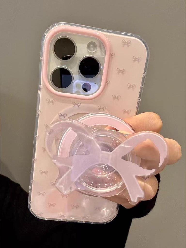 Cute Pink Bowknot Bow Magnetic Grip Tok Wireless Charge Phone Case for iPhone 16 15 14 13 17 Pro Max For Magsafe Holder Cover
