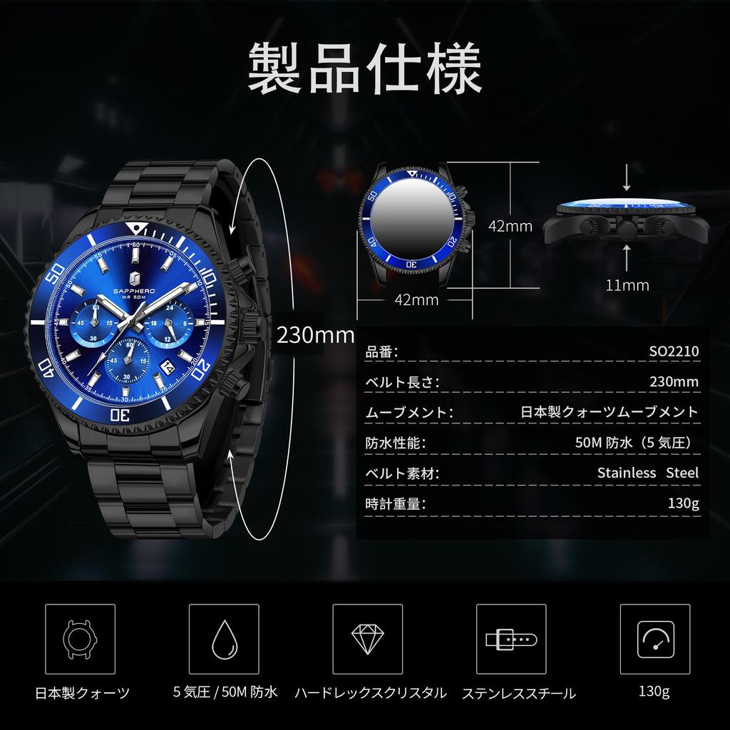 SAPPHERO Analog 8 ATM Water Stainless Mineral Date Black Blue Dial Men's Watch, Resistant, Luminous, Steel, Glass, Business/Outdoor, Display,