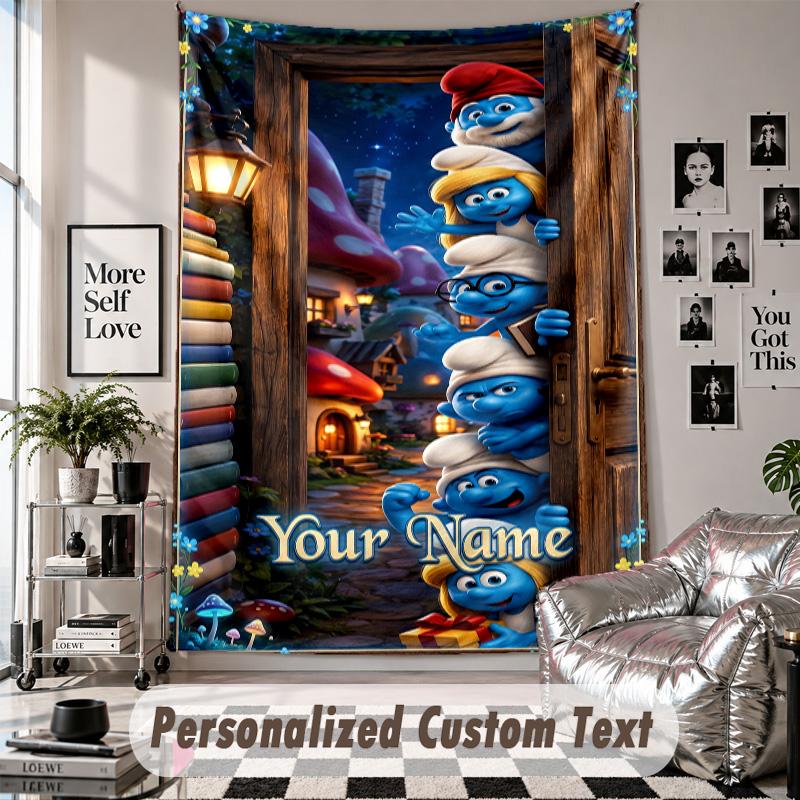 Wall Hanging Tapestry With Custom Name & Text, Smurfs Decorative Tapestry For Bedroom