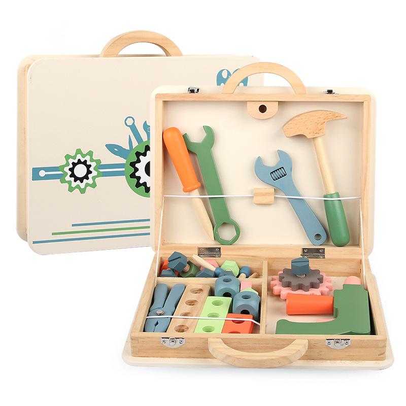 Children's Wooden Tool Box: Educational Workbench Toy for Boys with Simulation Repair, Screw, Nut Disassembly & Assembly Activity.