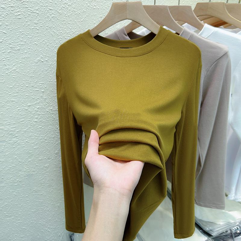 2025 Women's Stretch Cotton Long Sleeve T-shirt, Solid Color, Round Neck, Korean Style Top