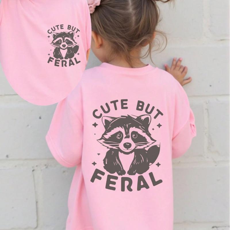 

SHEIN Playful Pals Baby Girl Casual Cute Raccoon & Bubble Tea Letter Print CUTE BUT FERAL Short Sleeve T-Shirt, Spring/Summer 100cm