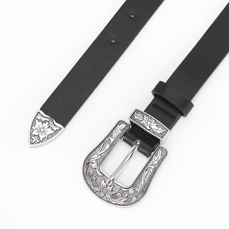 Casual Belt - Versatile Decorative Belt with Unique Engraved Antique Silver Buckle - Three-piece Set for Flat Waistbands