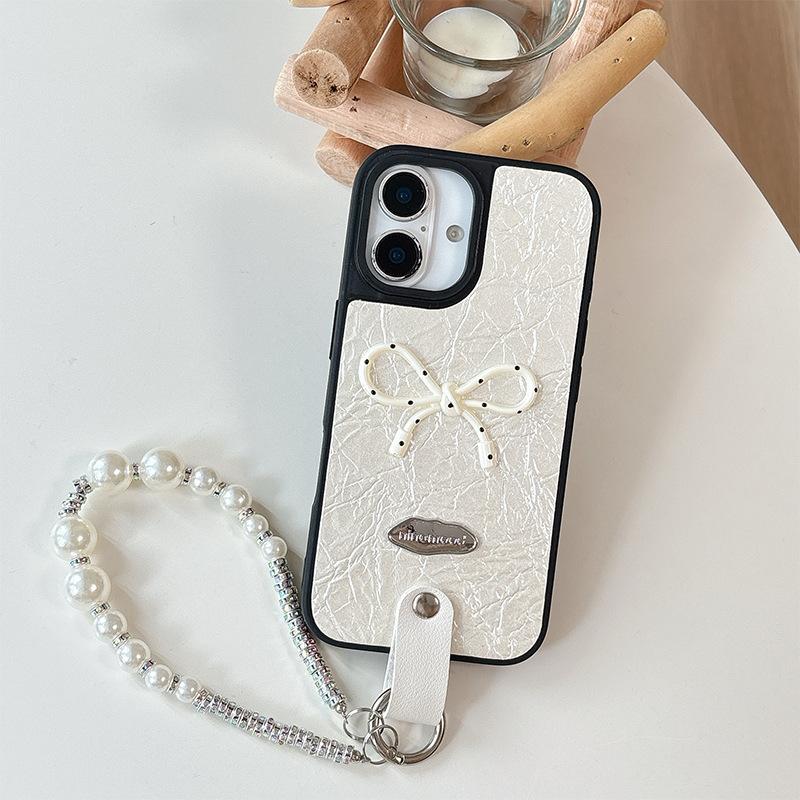 Pearl Bracelet Bow Leather Phone Case for Apple 17pro Fashion for IPhone16 Female Model 15plus