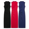 European American Women's Clothing Fashionable Round Collar Sleeveless Pleated Slim Long Dress