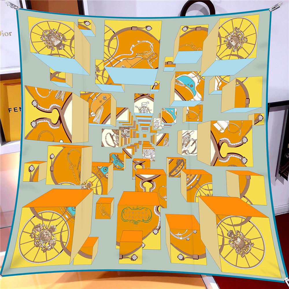 Silk Scarf Women Geometric Blocks Print Square Scarves Head Echarpe Silk Foulards Femme Wraps Beach Shawls Lady Hijabs 90CM