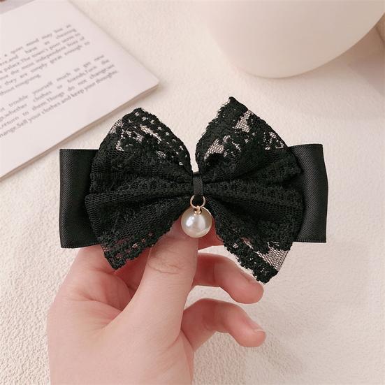 Hair Tie Ribbon Lace Bowknot Decor Imitation Pearl Pendant High Elastic Rubber Band Hair Rope Hair Accessories