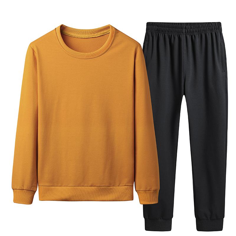 Traje grande de algodón para hombre, ropa deportiva de dos piezas de Color sólido, ropa informal pública, suéter de cuello redondo, pantalones