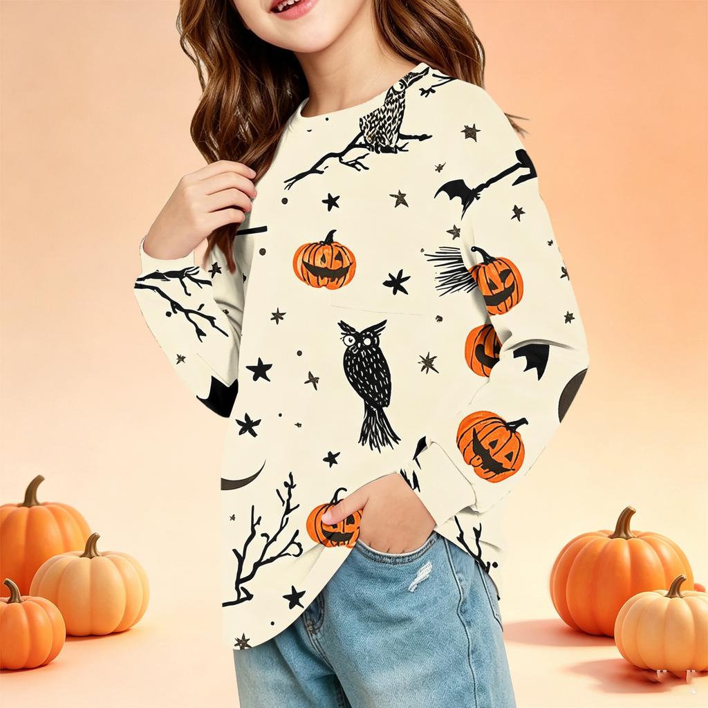 Kids Halloween Print Long Sleeve Neck T-Shirt with Pockets