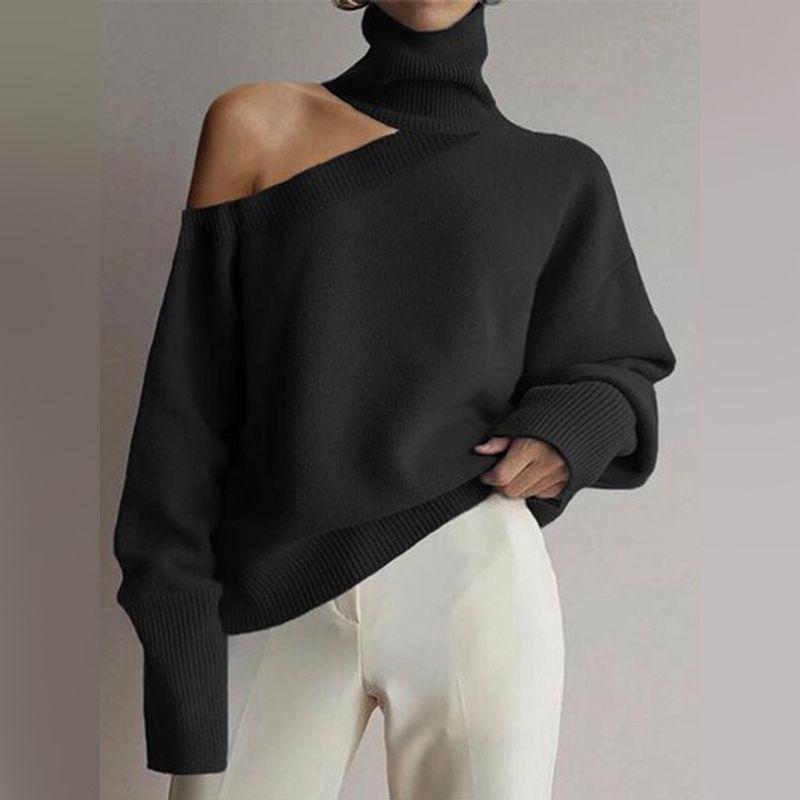 

High Neck One Shoulder Sweater European and American Women clothes Turtleneck off-Shoulder Leopard Print Long sleeve Knit black 3XL