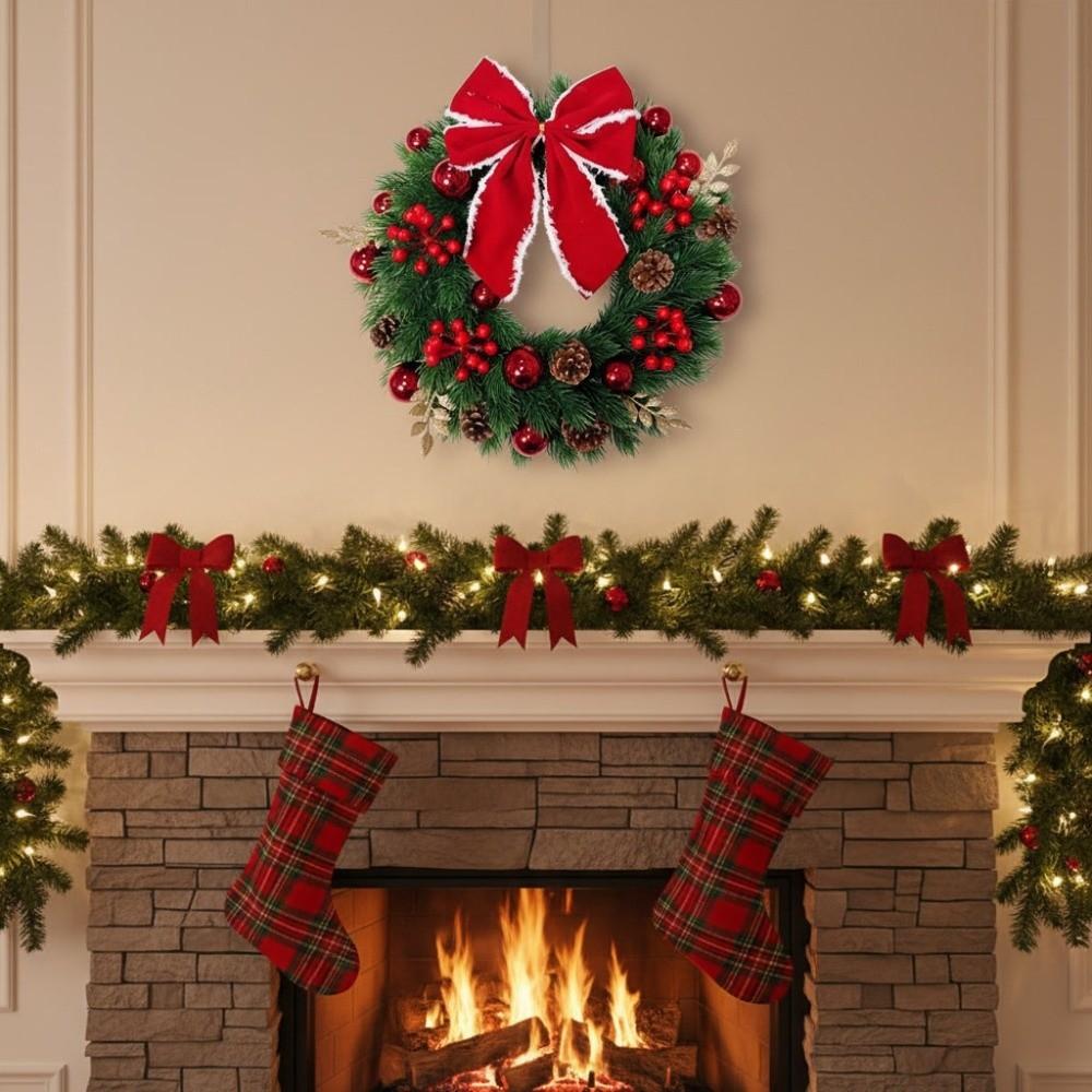 With LED Light and Bow Christmas Garland Artificial Pinecone Red Berries Xmas Door Hanging Window