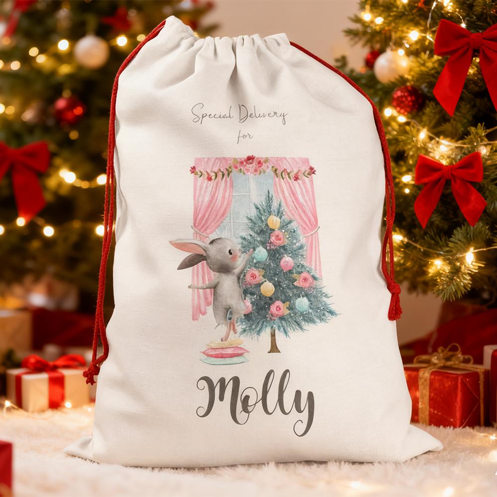 Personalized Christmas Sack Bunny Pink Large Girl's Christmas Eve Stocking Christmas Present Drawstring Bag Santa Sack New Year